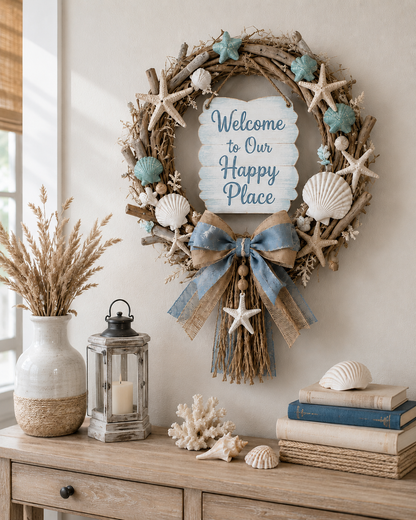 Lighted Coastal “Happy Place” Welcome Wreath