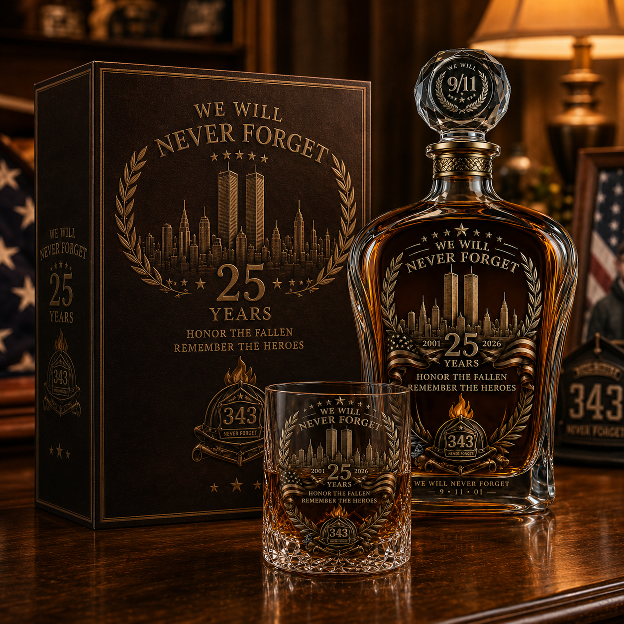 9/11 25th Anniversary memorial whiskey decanter and matching glass displayed with presentation box