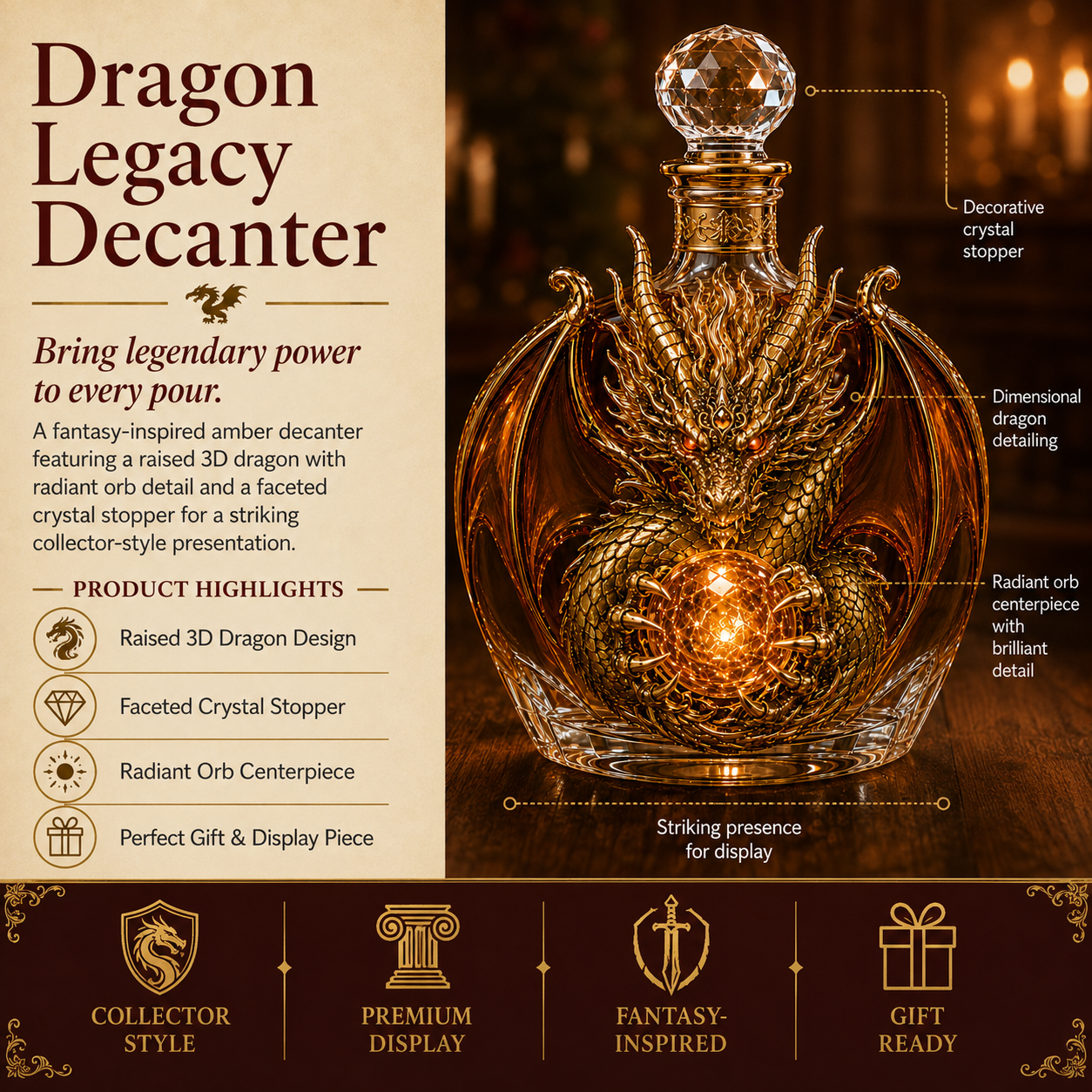 🐉 Dragon Legacy 3D Dragon Decanter & Glass Gift Set | Raised Fantasy Barware, Collector’s Display & Legendary Gift 🎁