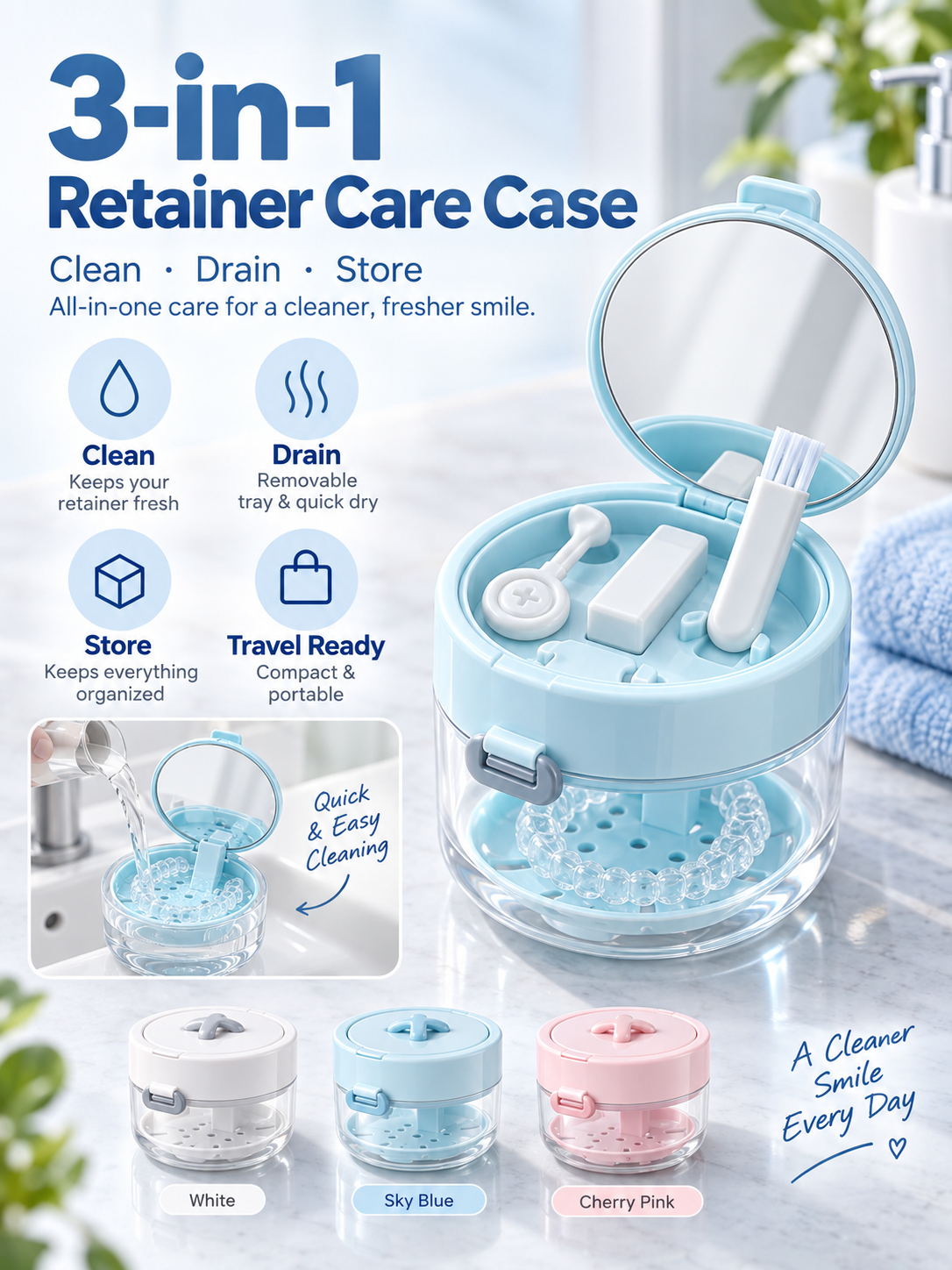 ✨ On-the-Go Retainer Care Case with Soak Bowl, Rinse Basket, Mirror & Cleaning Brush 🦷✈️