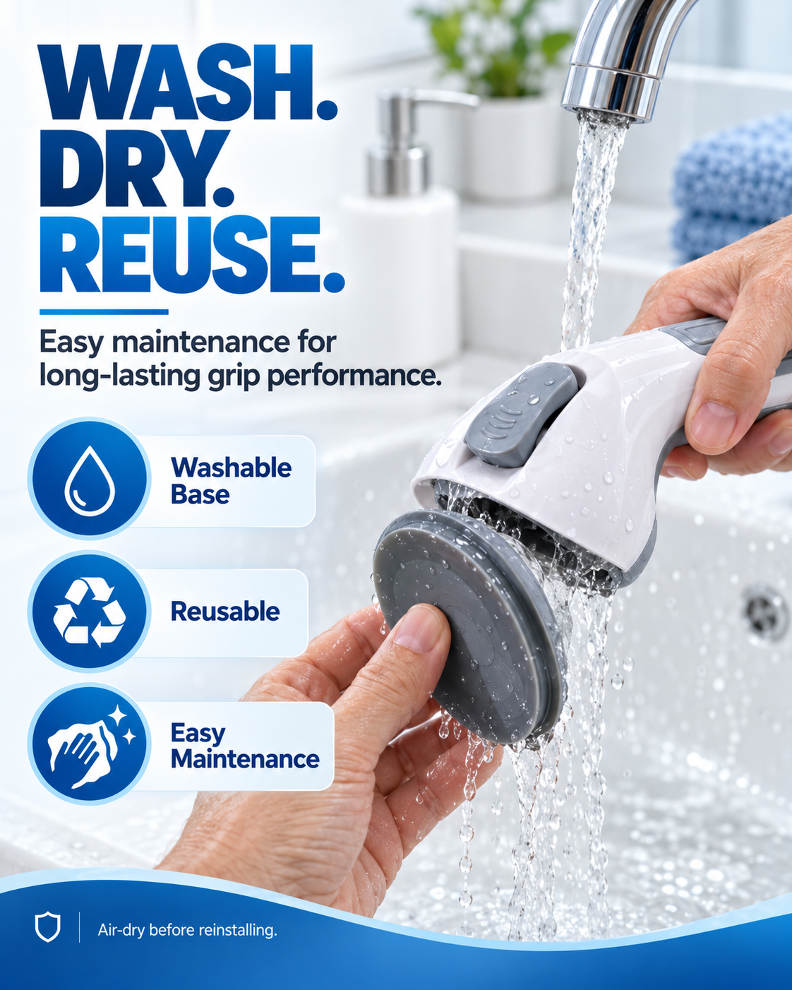 🚿 Removable Bathroom Support Handle ✨ No-Drill Suction Mount for Tile & Glass, Reusable Stability Aid for Safer Showers and Tubs 🔒