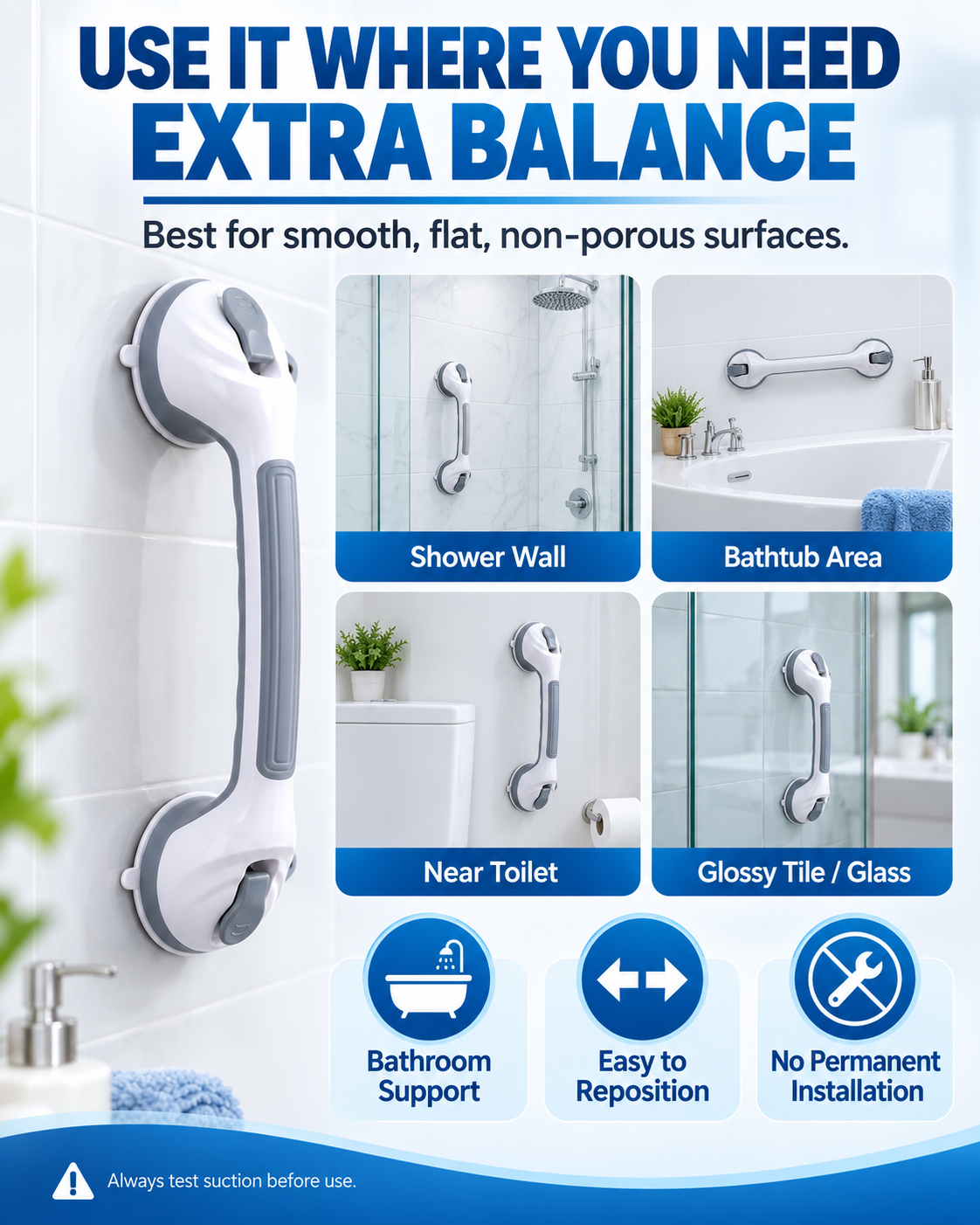 🚿 Removable Bathroom Support Handle ✨ No-Drill Suction Mount for Tile & Glass, Reusable Stability Aid for Safer Showers and Tubs 🔒