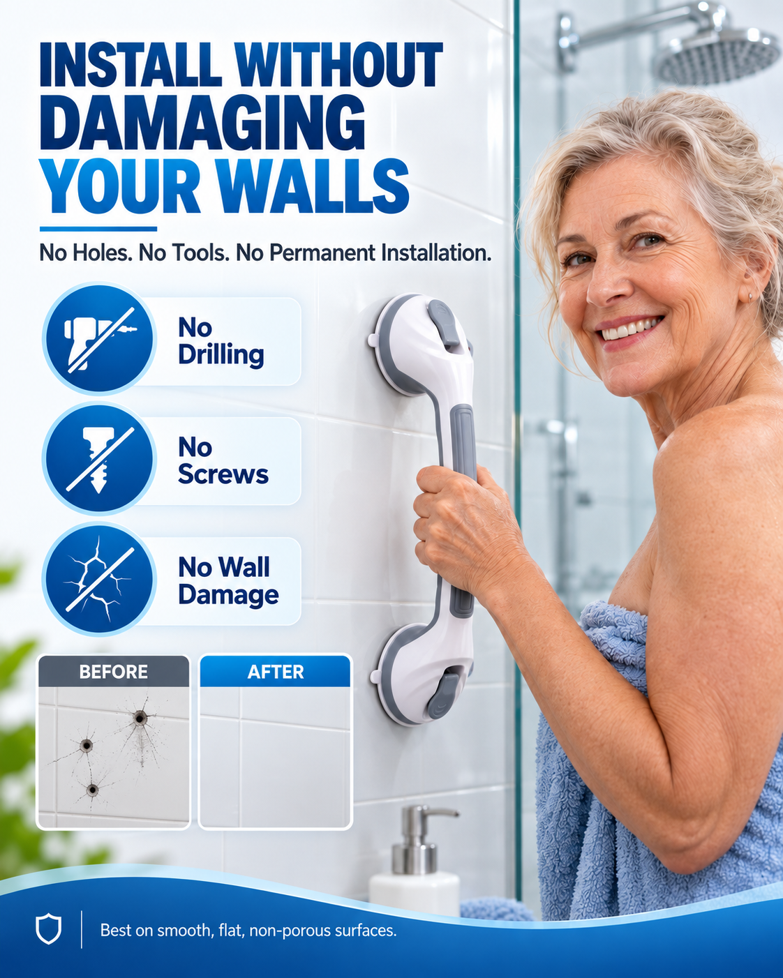 🚿 Removable Bathroom Support Handle ✨ No-Drill Suction Mount for Tile & Glass, Reusable Stability Aid for Safer Showers and Tubs 🔒