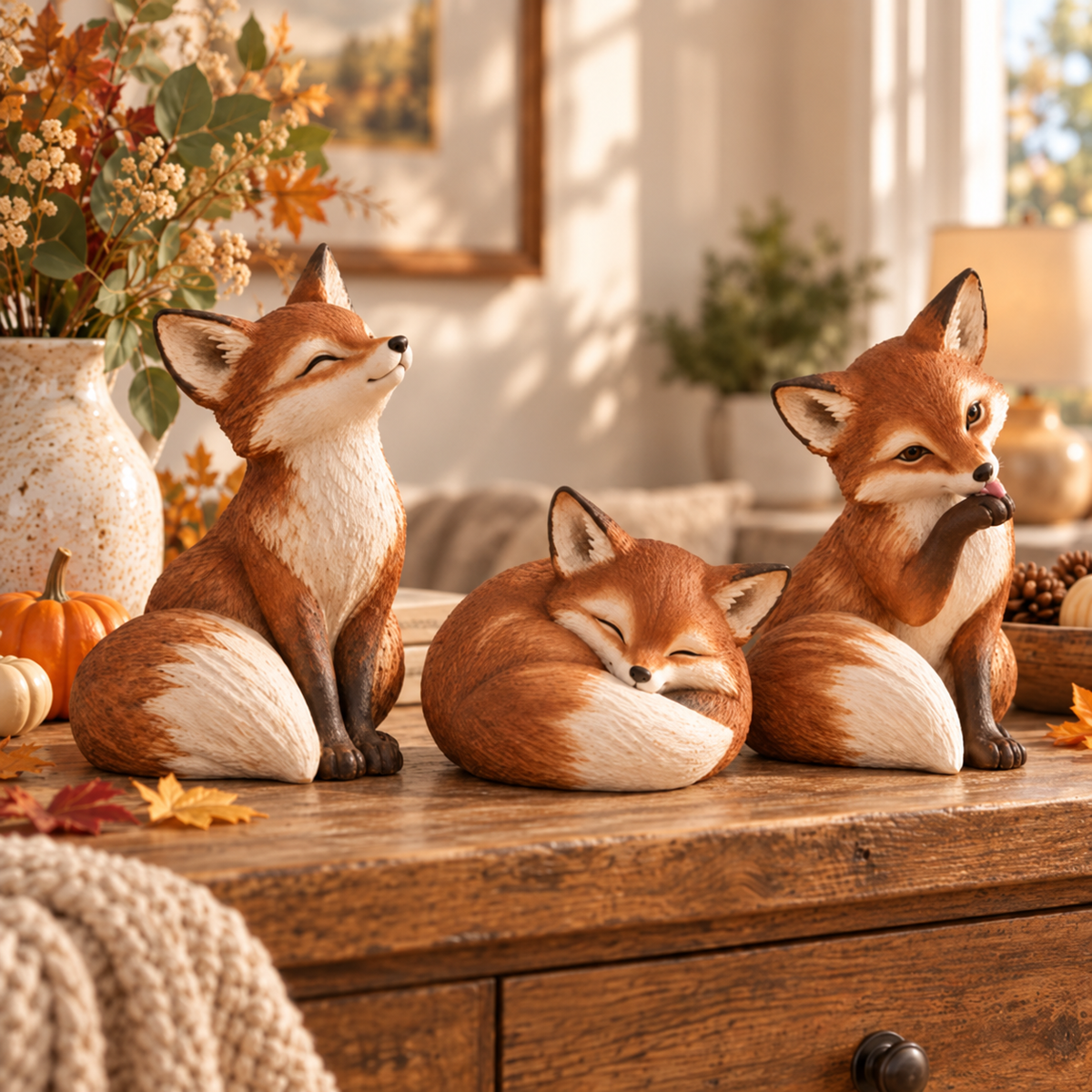🦊 Charming Fox Figurines – Rustic Woodland Decor for Shelves & Cozy Spaces