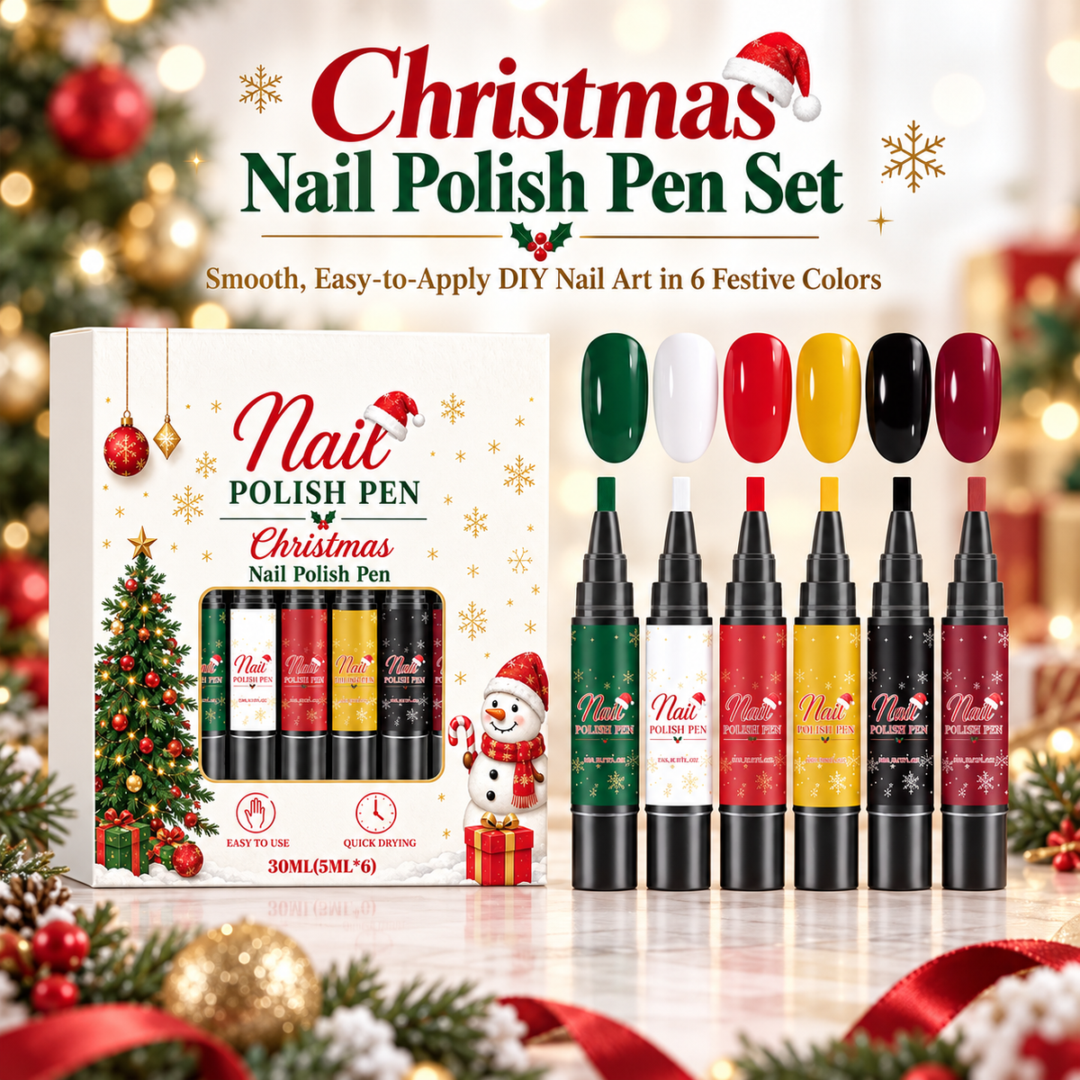 🎄✨ Christmas Nail Polish Pen Set – 6 Festive Colors for Easy DIY Nail Art