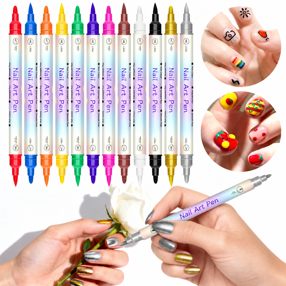 💅 12/24 Color Nail Art Pen Set – Dual-Tip Drawing & Dotting Markers
