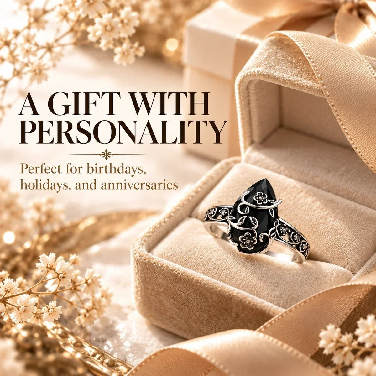 🖤🌹 Vintage Floral Black Stone Ring – Dark Romance, Timeless Style