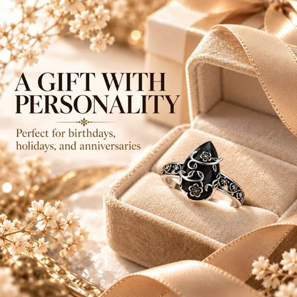 🖤🌹 Vintage Floral Black Stone Ring – Dark Romance, Timeless Style