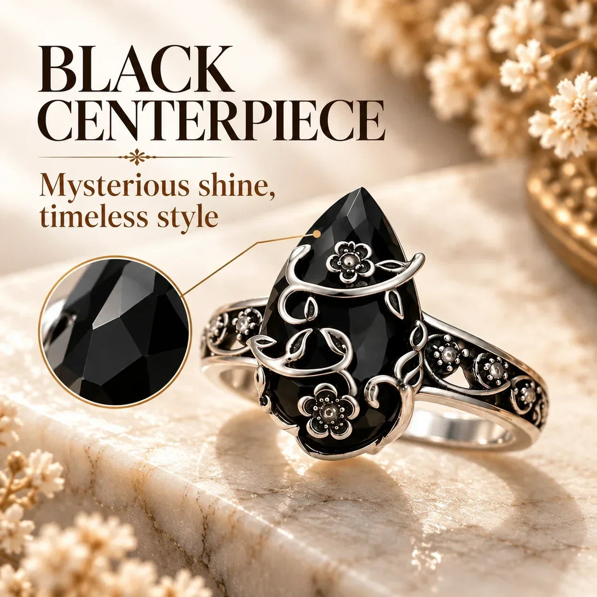 🖤🌹 Vintage Floral Black Stone Ring – Dark Romance, Timeless Style