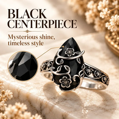 🖤🌹 Vintage Floral Black Stone Ring – Dark Romance, Timeless Style