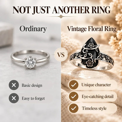 🖤🌹 Vintage Floral Black Stone Ring – Dark Romance, Timeless Style