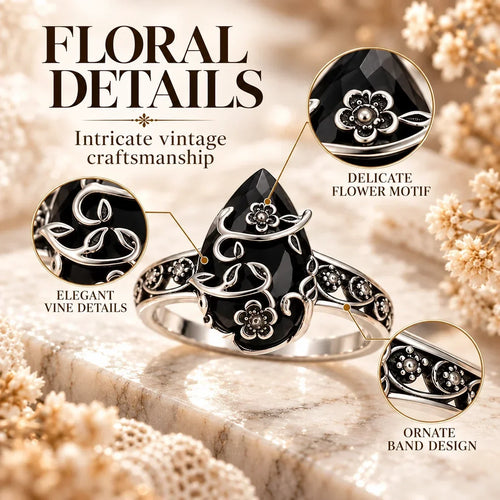 🖤🌹 Vintage Floral Black Stone Ring – Dark Romance, Timeless Style