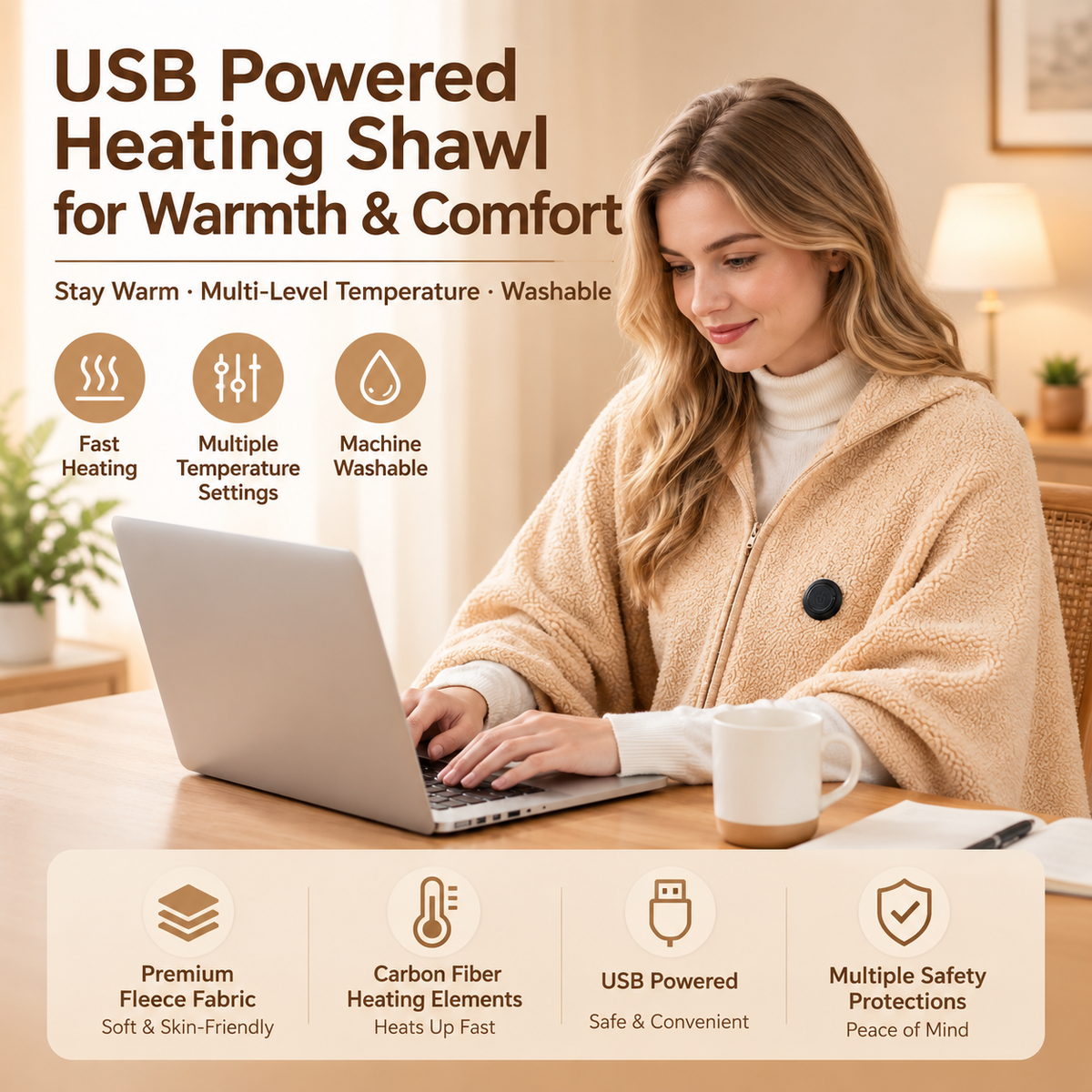 🔥 Cozy USB Heated Wrap – Portable, Machine-Washable Cold-Weather Comfort