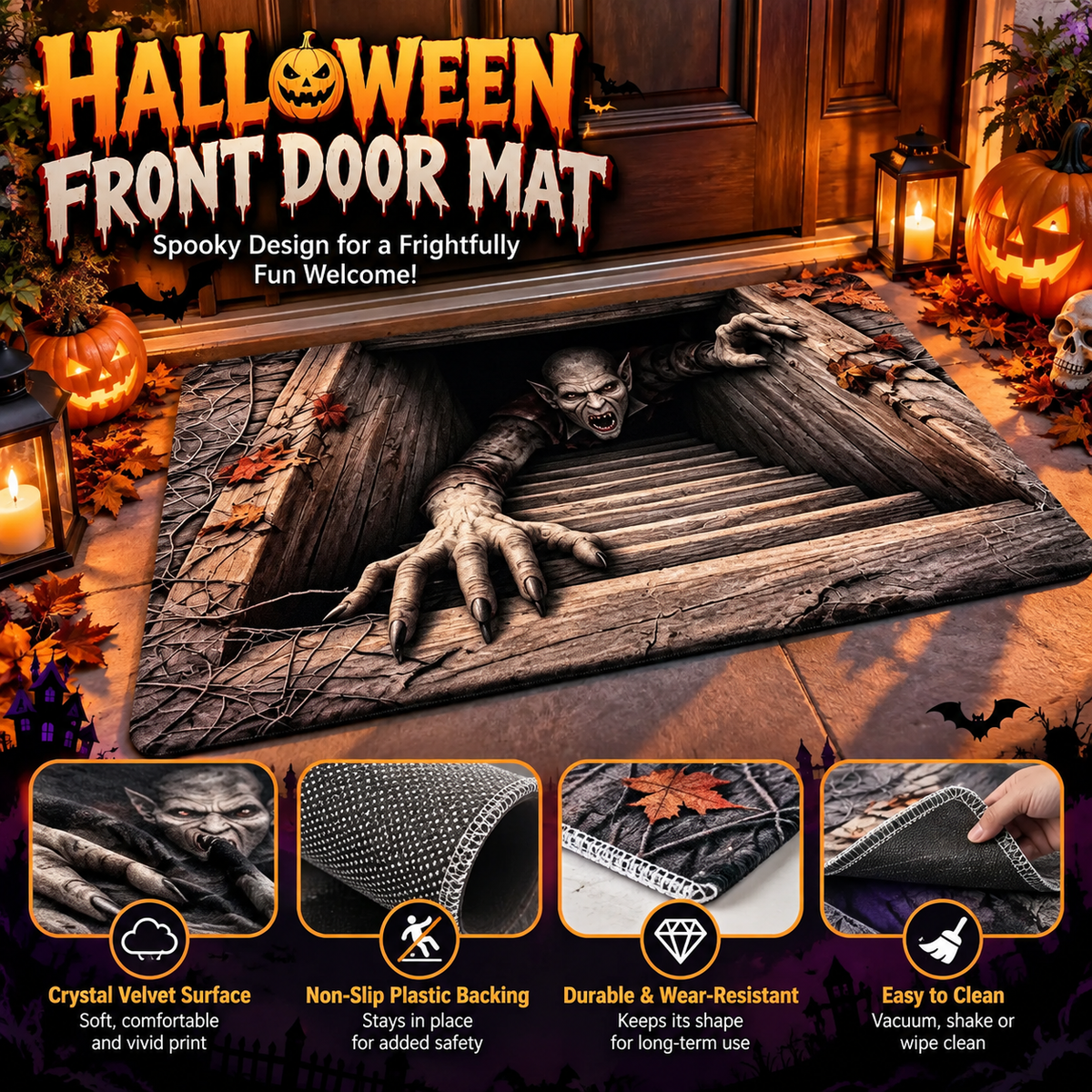 🎃 Spooky Halloween Entryway Mat with 3D Skull and Creepy Clown Design 👻