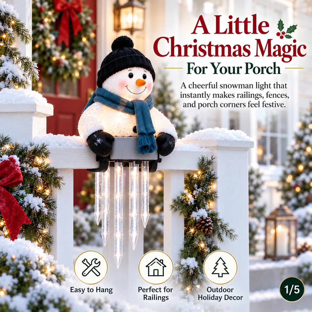WinterGlow snowman light with a blue scarf and hanging warm-glowing icicles on a porch railing