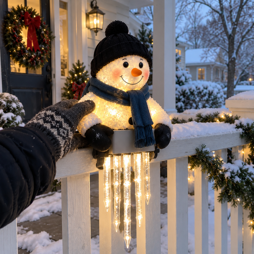Close view of the smiling face, textured white body, black pom-pom hat and blue scarf