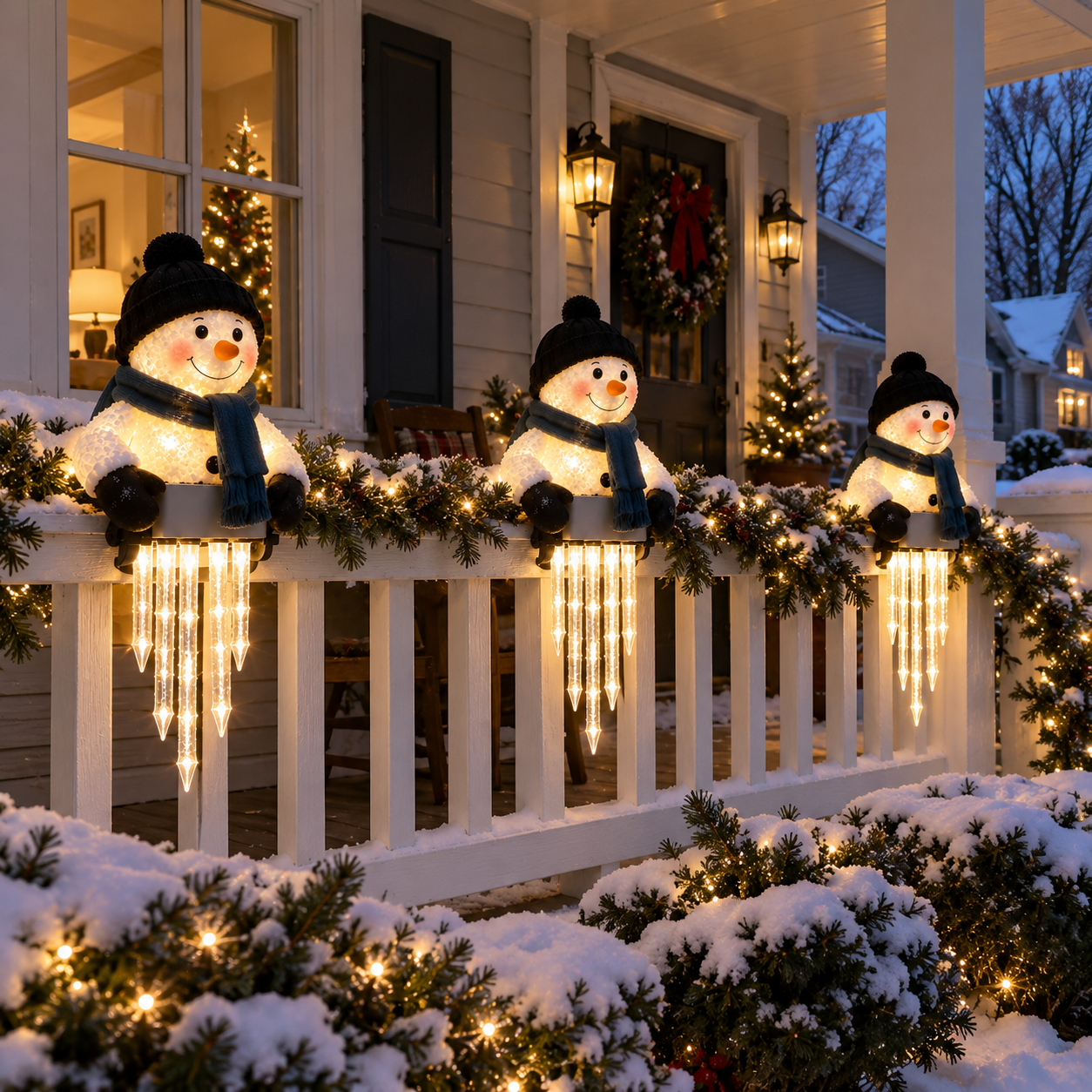 Three matching snowman icicle lights arranged along a decorated porch railing