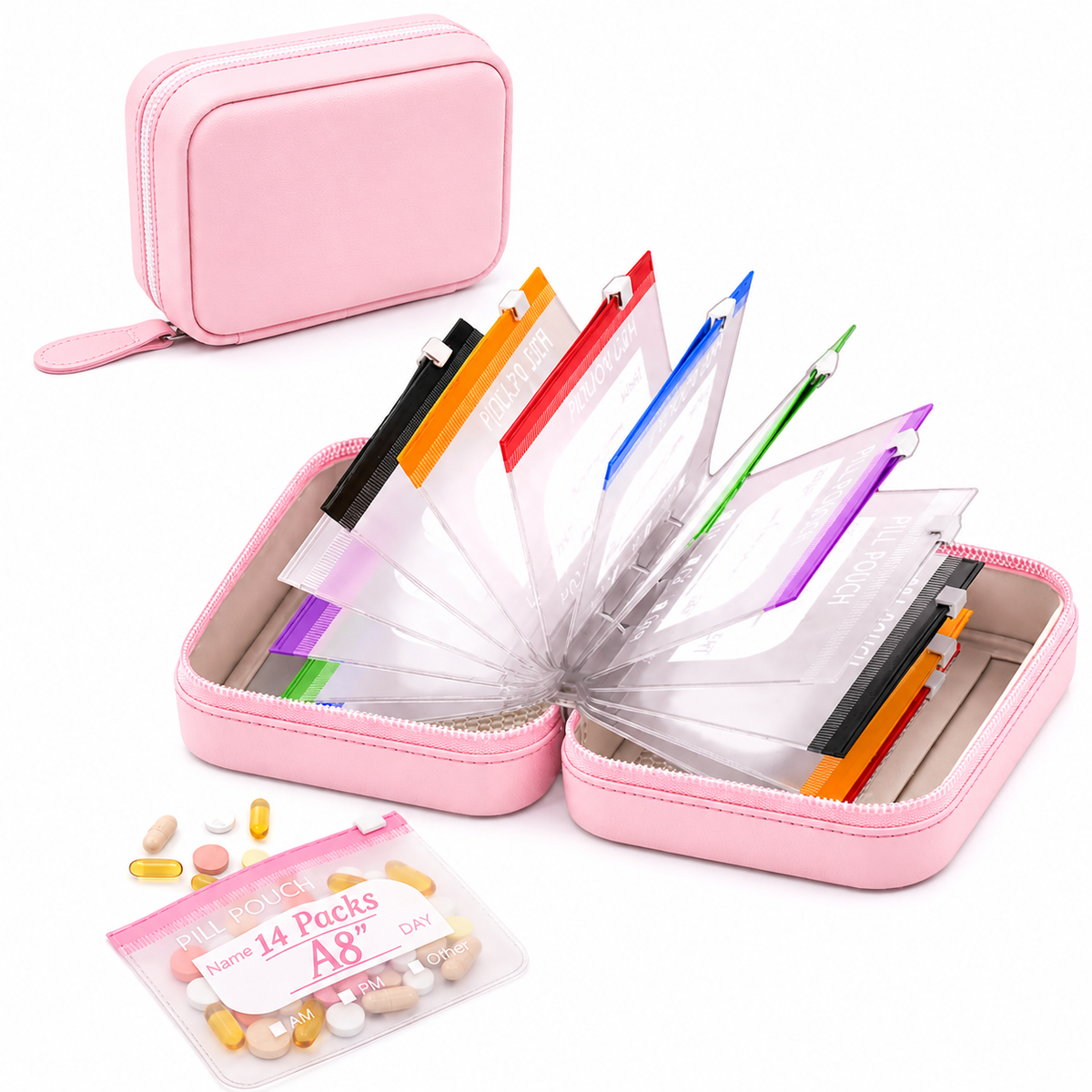 💊A8 Waterproof 14-Pouch Weekly Pill Organizer, Color-Coded Travel Storage for Vitamins & Supplements