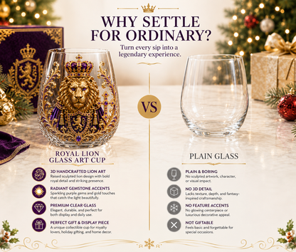 👑🦁 3D Royal Lion Glass Art Cup | Luxury Raised Whiskey Glass with Crowned Lion Design, Collectible Barware & Gift for Whiskey Lovers