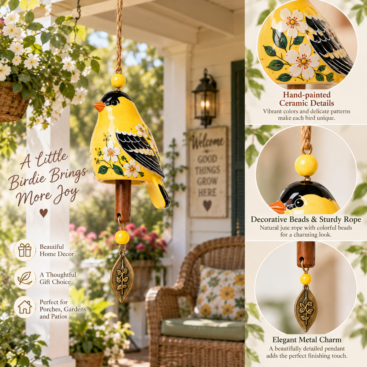 🐦 Resin Bird Wind Chime | Colorful Folk Art Garden Hanging Decor