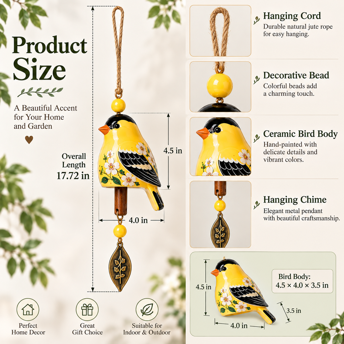🐦 Resin Bird Wind Chime | Colorful Folk Art Garden Hanging Decor