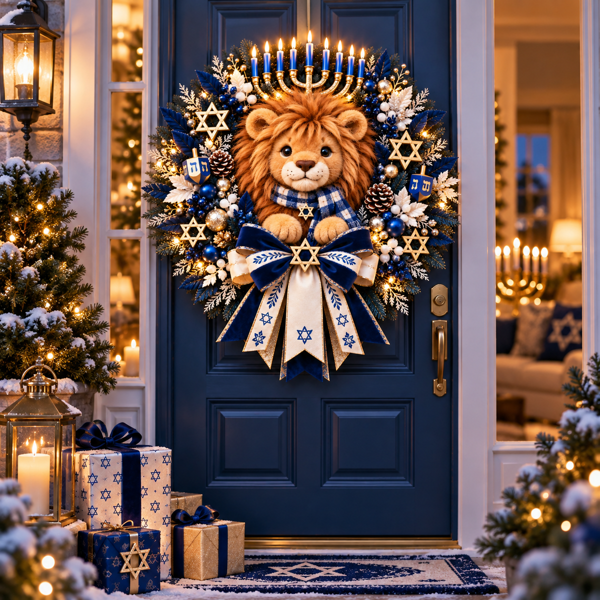 🦁 Lion of Judah Hanukkah Lighted Wreath – Warm Festival of Lights Door Décor ✨
