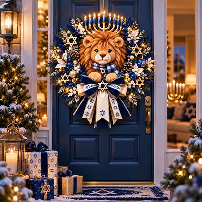🦁 Lion of Judah Hanukkah Lighted Wreath – Warm Festival of Lights Door Décor ✨