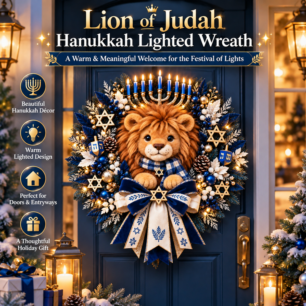 🦁 Lion of Judah Hanukkah Lighted Wreath – Warm Festival of Lights Door Décor ✨