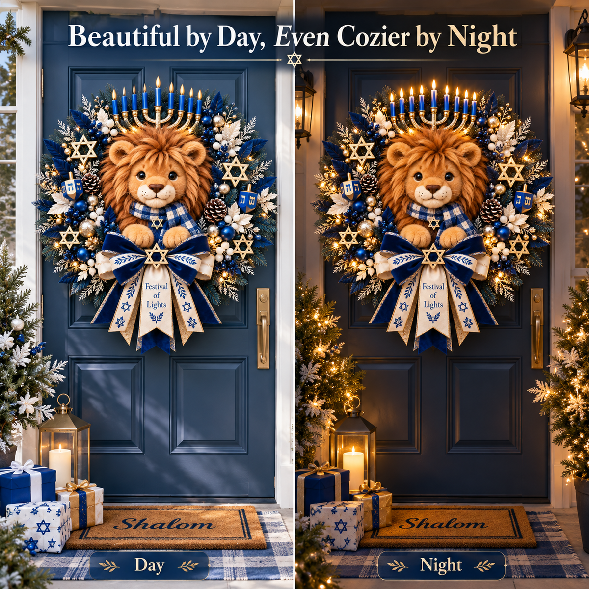 🦁 Lion of Judah Hanukkah Lighted Wreath – Warm Festival of Lights Door Décor ✨