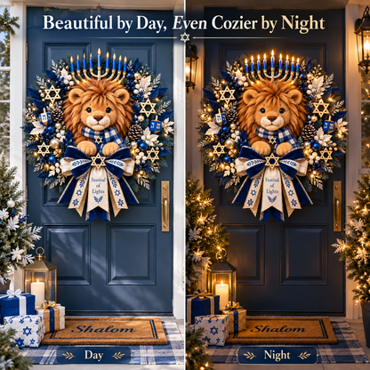 🦁 Lion of Judah Hanukkah Lighted Wreath – Warm Festival of Lights Door Décor ✨