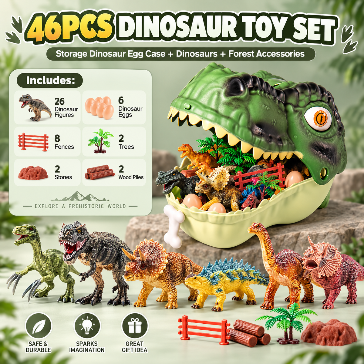 🦖 46Pcs Dinosaur Toy Playset | Realistic Dino Figures with Forest Scenery & Dinosaur Eggs