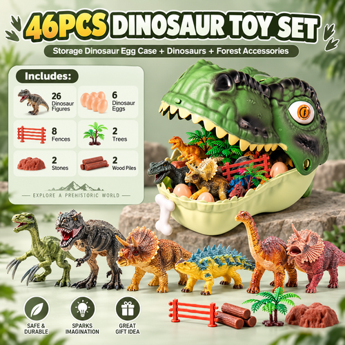 🦖 46Pcs Dinosaur Toy Playset | Realistic Dino Figures with Forest Scenery & Dinosaur Eggs