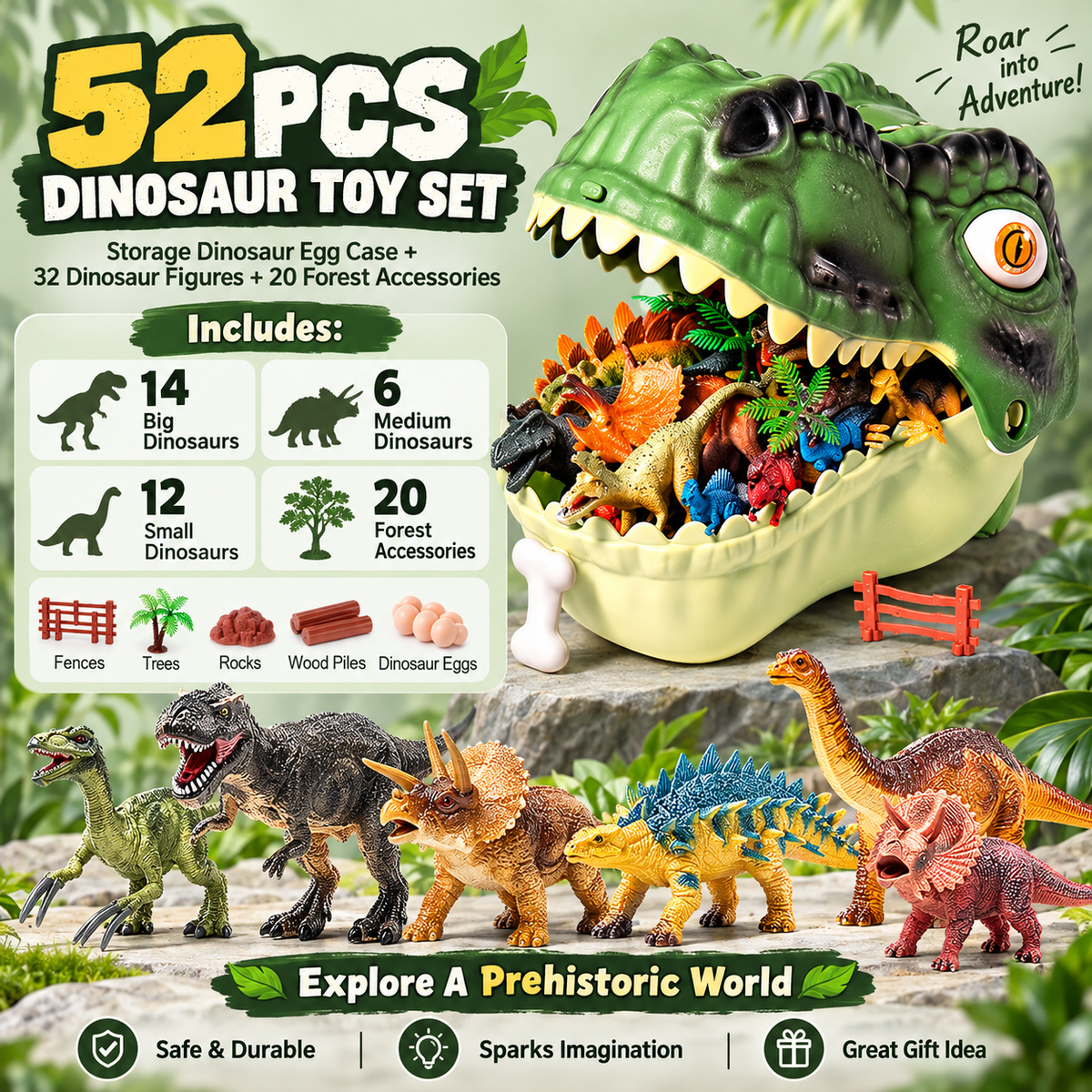🦖 46Pcs Dinosaur Toy Playset | Realistic Dino Figures with Forest Scenery & Dinosaur Eggs