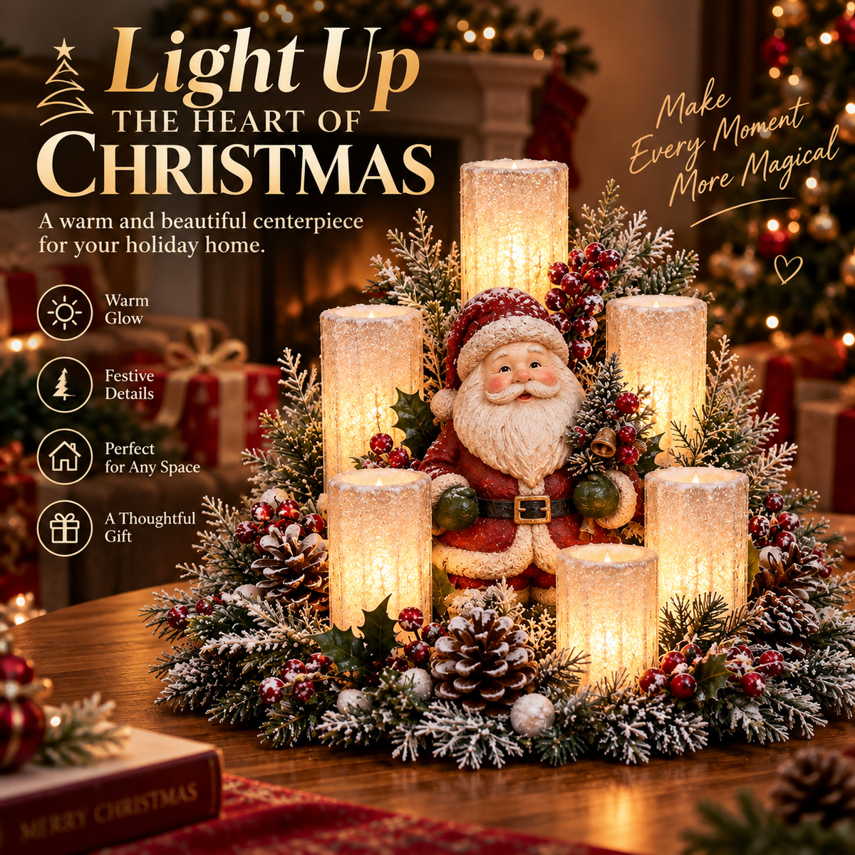 💯🌲Christmas Lighted Centerpiece with Flameless Candle Glow