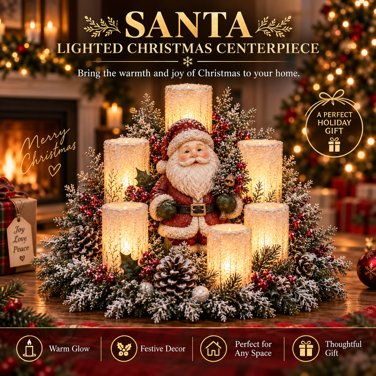 💯🌲Christmas Lighted Centerpiece with Flameless Candle Glow