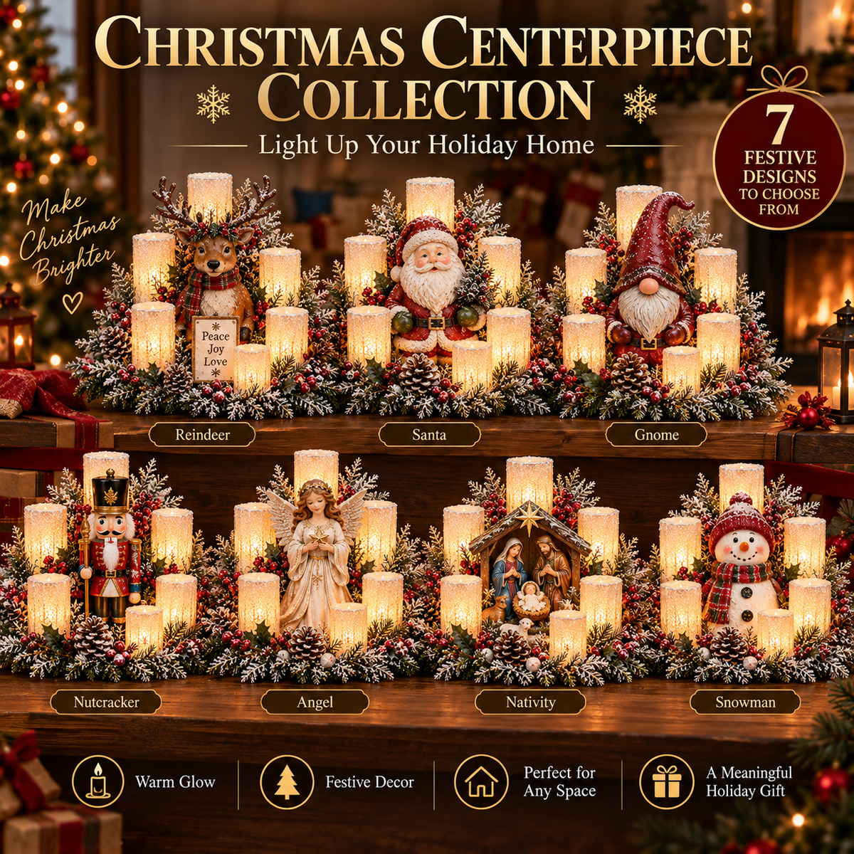 💯🌲Christmas Lighted Centerpiece with Flameless Candle Glow
