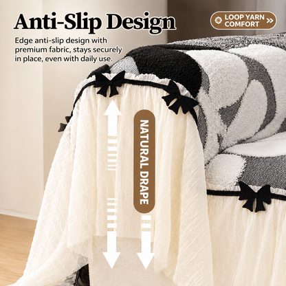 Luxury Botanical Plush Sofa Cover with Elegant Bow Skirt