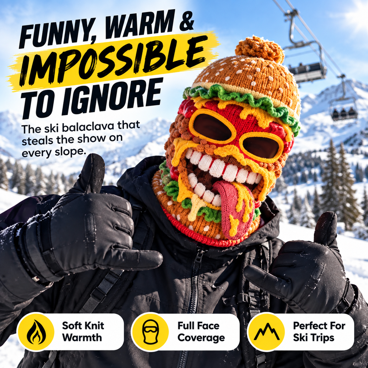 😂 Snack Attack Knit Hood – Cozy Full-Face Cover for Slopes and Snow Days