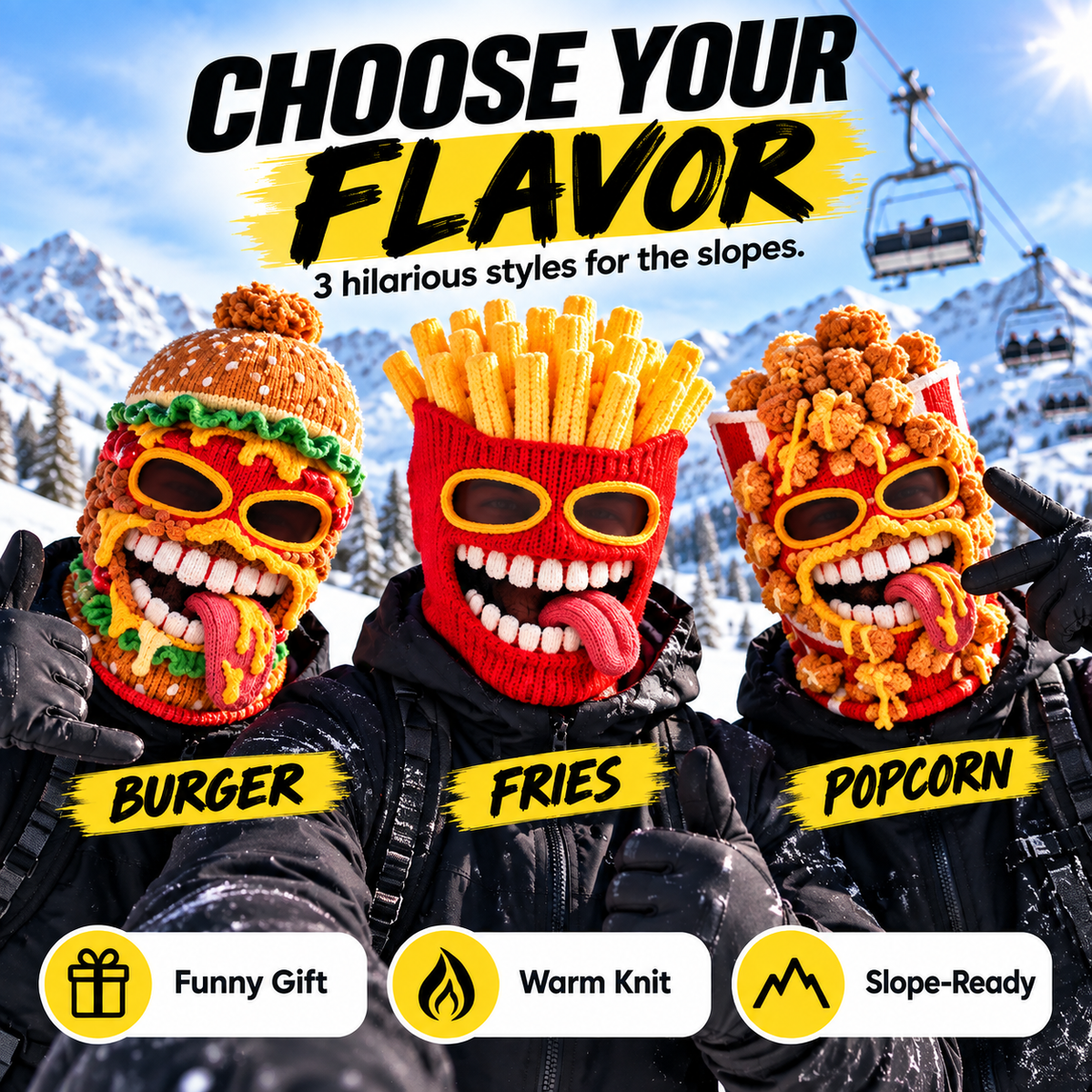 😂 Snack Attack Knit Hood – Cozy Full-Face Cover for Slopes and Snow Days
