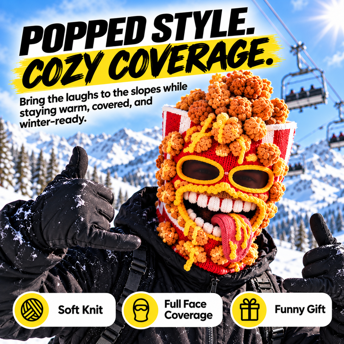 😂 Snack Attack Knit Hood – Cozy Full-Face Cover for Slopes and Snow Days