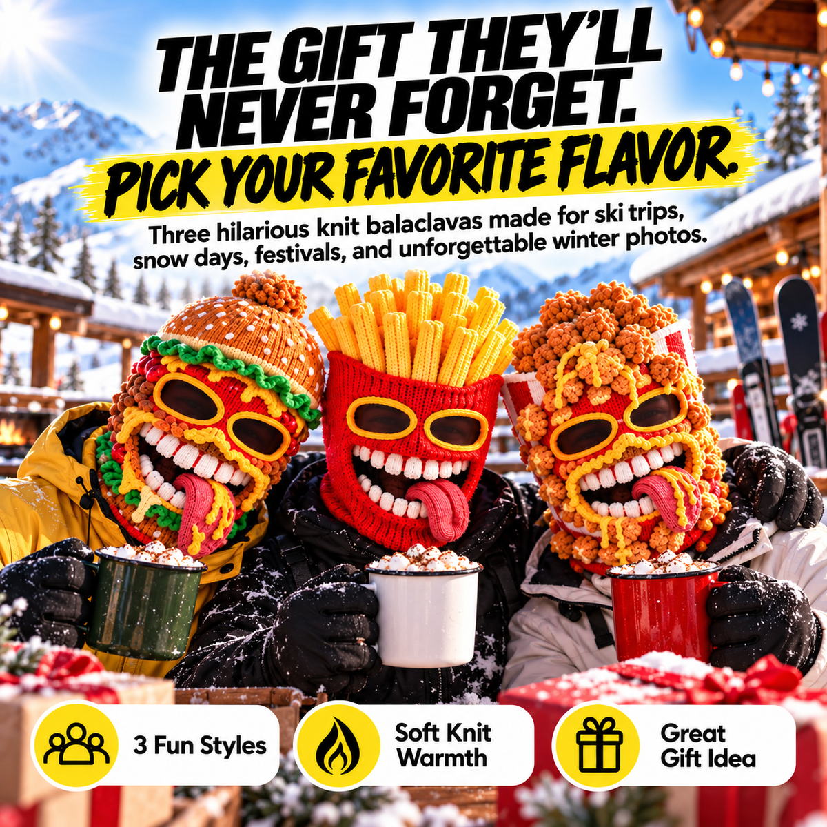 😂 Snack Attack Knit Hood – Cozy Full-Face Cover for Slopes and Snow Days
