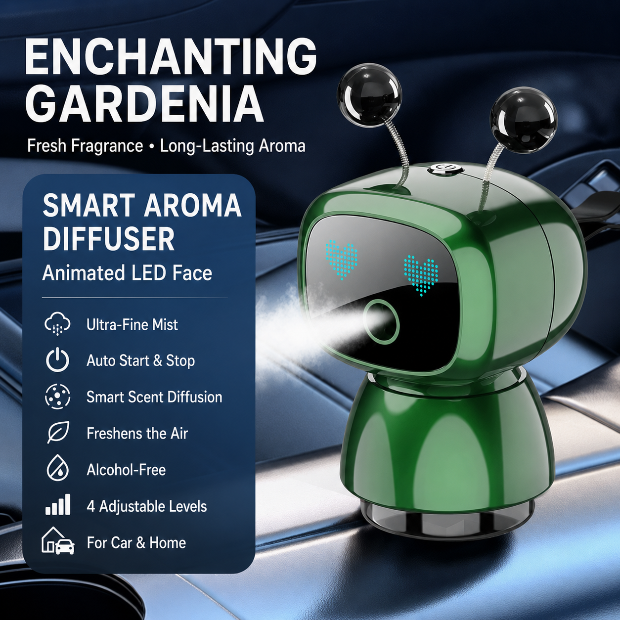 Cute Robot Car Diffuser – Auto-Sensing Mist & LED Vent Freshener