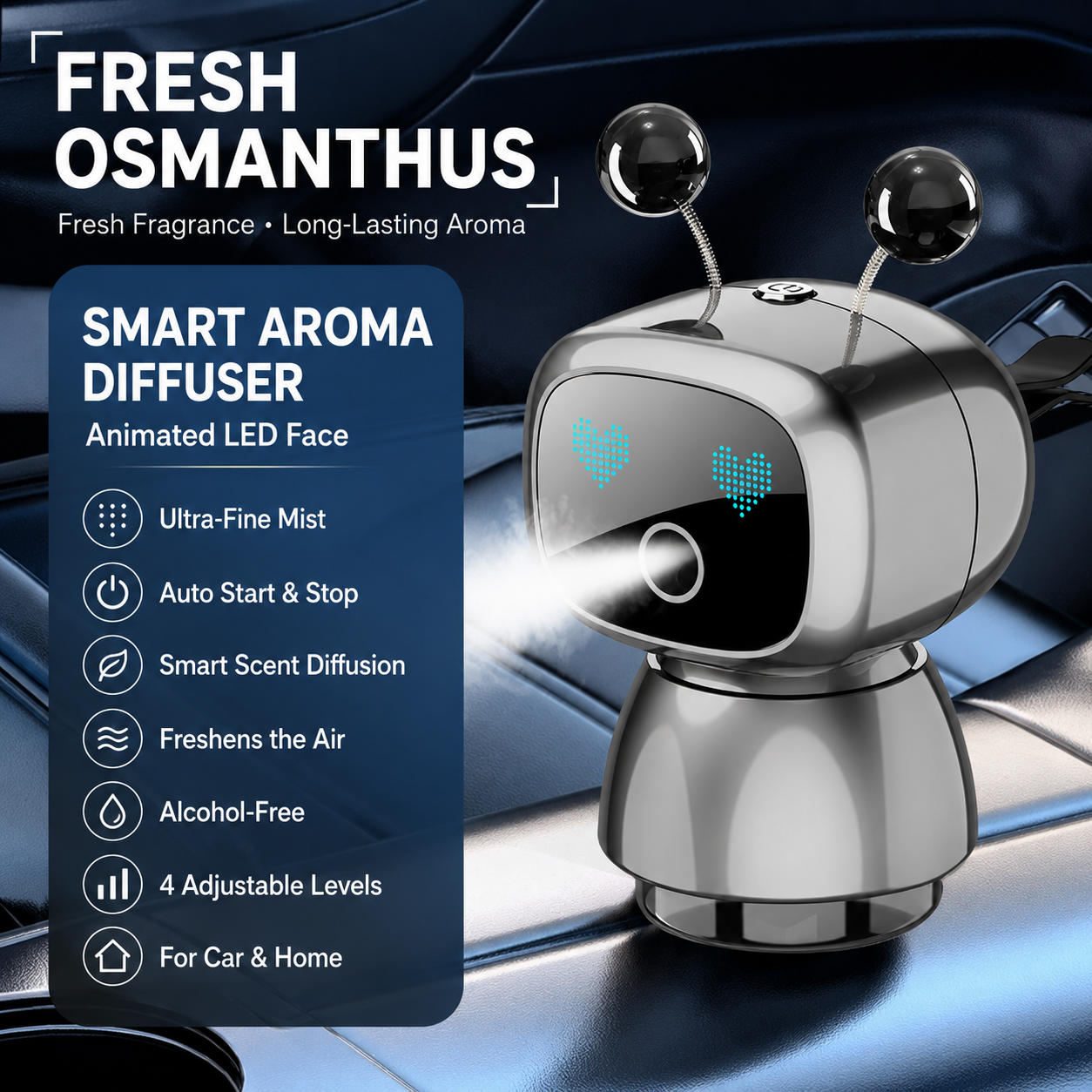 Cute Robot Car Diffuser – Auto-Sensing Mist & LED Vent Freshener