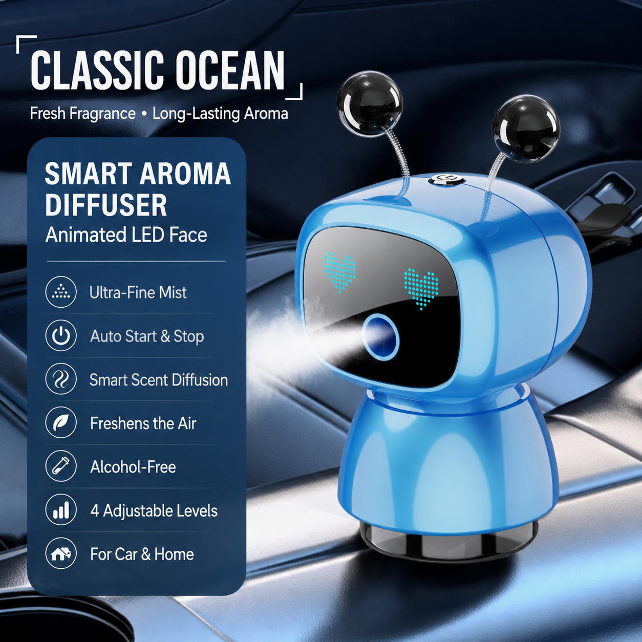 Cute Robot Car Diffuser – Auto-Sensing Mist & LED Vent Freshener