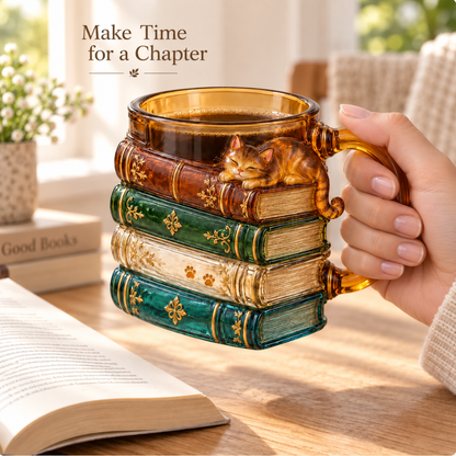 🐱📚 Cozy Book Stack Cat Mug – Whimsical Vintage Coffee Cup for Book & Cat Lovers