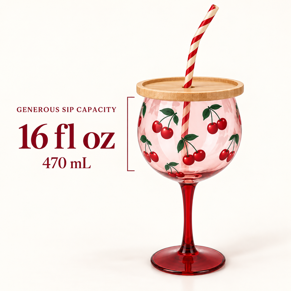Cherry patterned sip and snack cup with 16 fluid ounce and 470 milliliter capacity shown