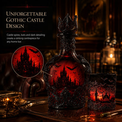 🦇 Gothic Vampire Castle Whiskey Decanter and Tumbler Set, Dark Barware Gift for Horror Lovers 🍷