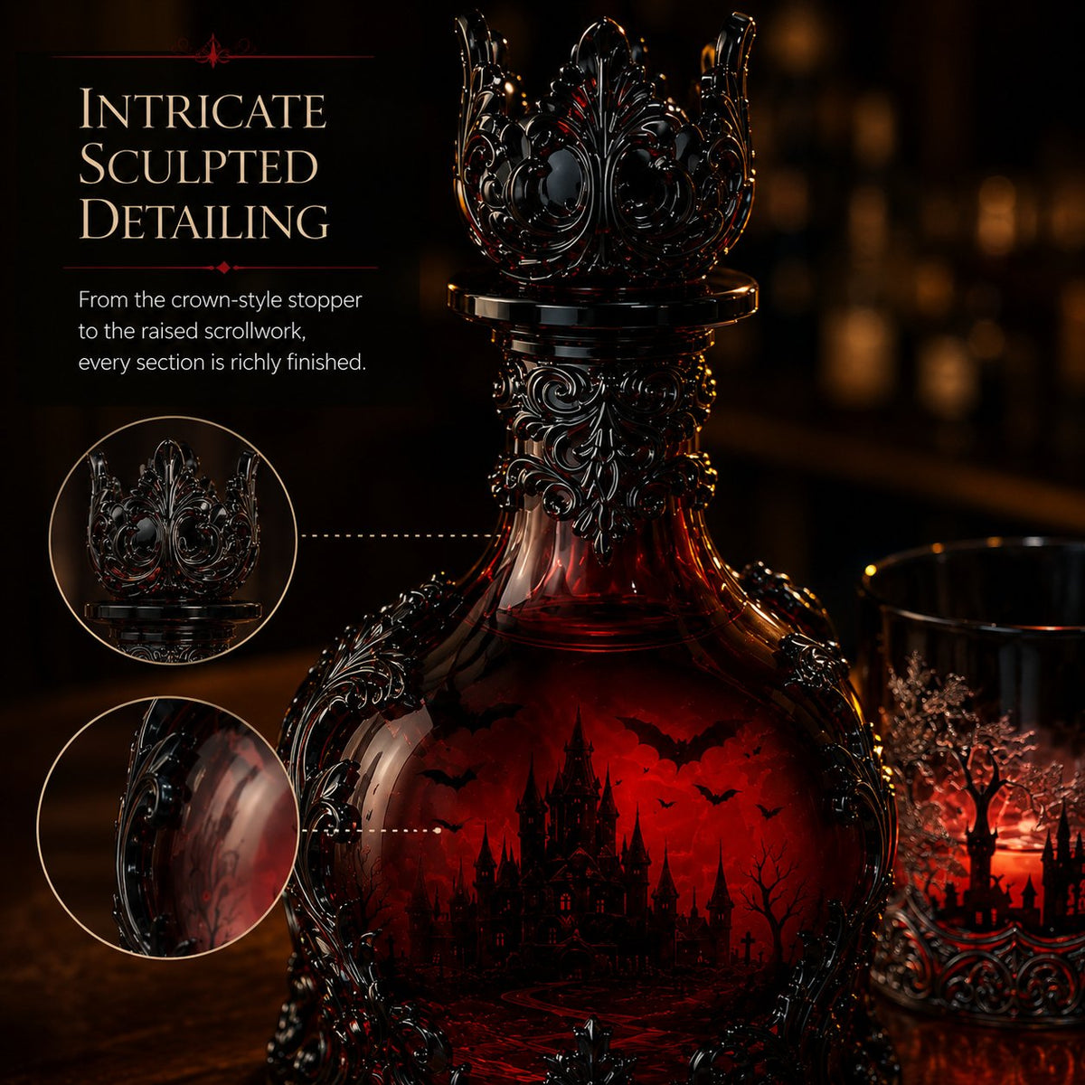 🦇 Gothic Vampire Castle Whiskey Decanter and Tumbler Set, Dark Barware Gift for Horror Lovers 🍷