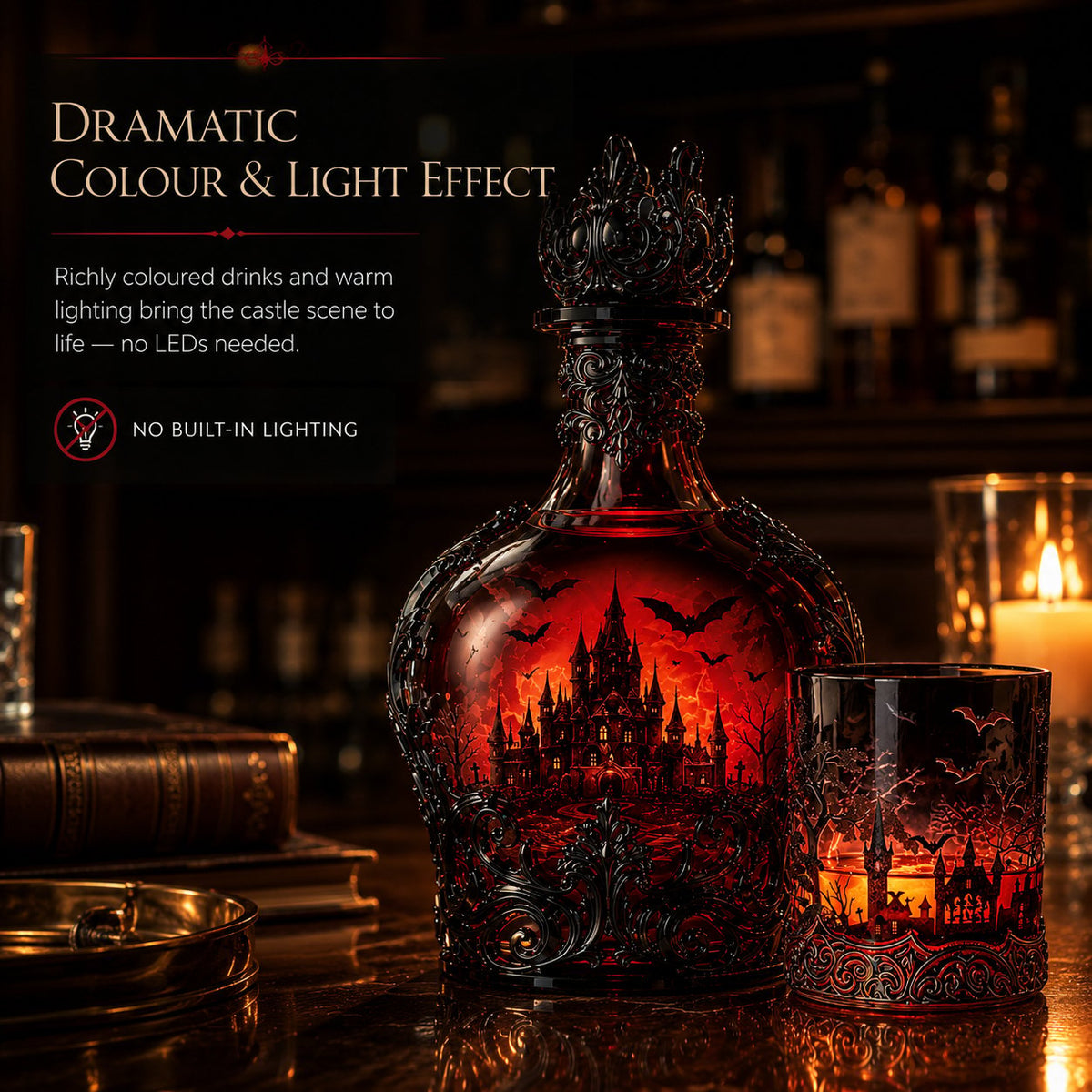 🦇 Gothic Vampire Castle Whiskey Decanter and Tumbler Set, Dark Barware Gift for Horror Lovers 🍷