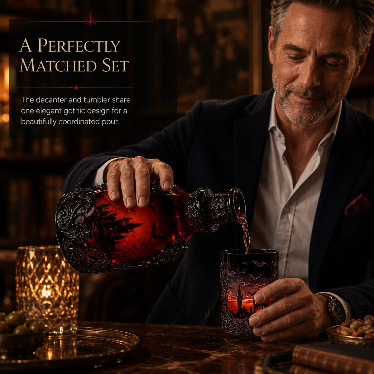 🦇 Gothic Vampire Castle Whiskey Decanter and Tumbler Set, Dark Barware Gift for Horror Lovers 🍷